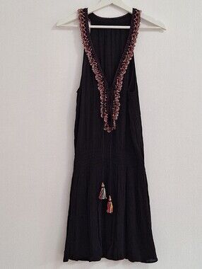NWOT BECCA Black Maxi Dress with Pink Embroidered V-Neck